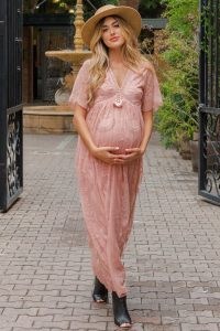 PINKBLUSH Light Pink Lace Mesh Overlay Maternity Maxi Dress – feminine pregnancy fashion – boho style dresses