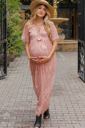PINKBLUSH Light Pink Lace Mesh Overlay Maternity Maxi Dress – feminine pregnancy fashion – boho style dresses - flipped