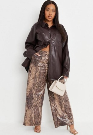 MISSGUIDED plus size brown faux leather snake print wide leg trousers ~ reptile prints on women’s fashion - flipped