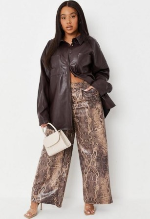 MISSGUIDED plus size brown faux leather snake print wide leg trousers ~ reptile prints on women’s fashion