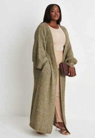 MISSGUIDED plus size khaki maxi balloon sleeve knitted cardigan – green long line open front cardigans