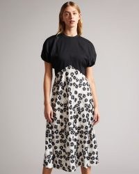 TED BAKER GWIANA Ponte Top With Midi Skirt Dress in Black / floral puff sleeve empire waist dresses