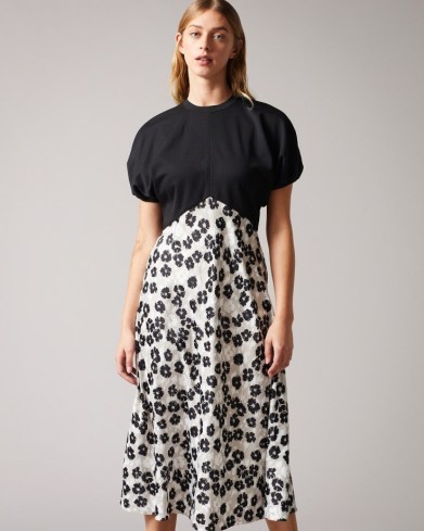 TED BAKER GWIANA Ponte Top With Midi Skirt Dress in Black / floral puff sleeve empire waist dresses - flipped