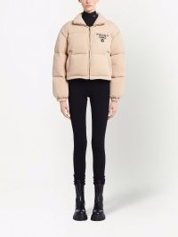Prada logo-detail cashmere padded jacket in beige ~ women’s funnel neck zip fastening designer jackets