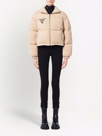 Prada logo-detail cashmere padded jacket in beige ~ women’s funnel neck zip fastening designer jackets - flipped