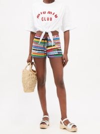MIU MIU Logo-embroidered crochet cotton-blend shorts – retro rainbow coloured knitwear – knitted summer fashion