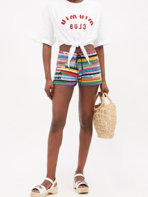 MIU MIU Logo-embroidered crochet cotton-blend shorts – retro rainbow coloured knitwear – knitted summer fashion - flipped