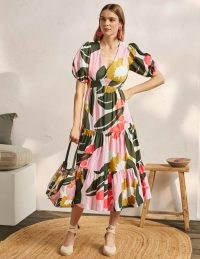 Boden Puff Sleeve Tiered Midi Dress in Ivory Abstract Bloom – bold print fashion – cotton leaf print dresses