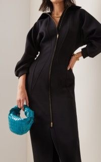 Brandon Maxwell Puff-Sleeve Cady Zip-Front Midi Dress | chic black volume sleeve dresses