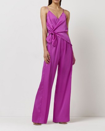 RIVER ISLAND PURPLE TIE FRONT SATIN JUMPSUIT ~ party fashion ~ slinky spaghetti shoulder strap wide leg jumpsuits - flipped