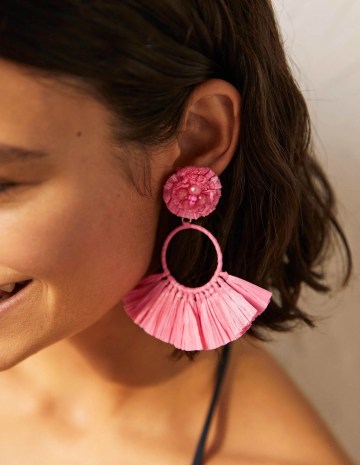 Boden Raffia Tassel Ring Earrings in Formica Pink ~ pink summer statement jewellery - flipped