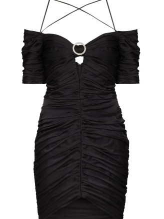 RASARIO off-shoulder ruched mini dress – glamorous bardot LBD – strappy party dresses