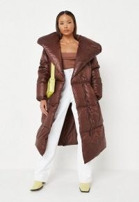 MISSGUIDED recycled chocolate padded duvet coat ~ women’s rich brown longline tie waist coats ~ womens on-trend outerwear