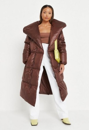 MISSGUIDED recycled chocolate padded duvet coat ~ women’s rich brown longline tie waist coats ~ womens on-trend outerwear - flipped