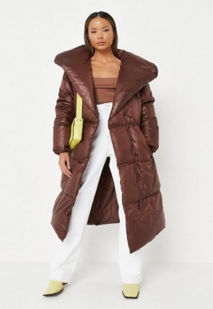 MISSGUIDED recycled chocolate padded duvet coat ~ women’s rich brown longline tie waist coats ~ womens on-trend outerwear