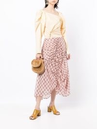 Rejina Pyo Delia checked midi skirt in light pink/pale brown/off white ~ pink check gathered skirts ~ drape design fashion