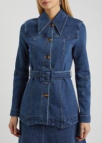 REJINA PYO Maeve blue belted stretch-denim jacket ~ women’s retro look outerwear ~ womens 70s style long point collar jackets