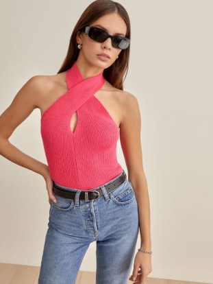Reformation Renley Cotton Halter Sweater in Flamingo | bright pink knit halterneck tops |organic knitwear | front keyhole detail - flipped