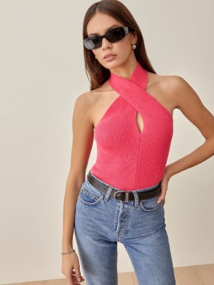 Reformation Renley Cotton Halter Sweater in Flamingo | bright pink knit halterneck tops |organic knitwear | front keyhole detail