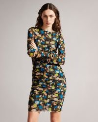 TED BAKER TTINNA Retro Flood Ruched Front Dress in Black / long sleeved gathered detail floral print dresses