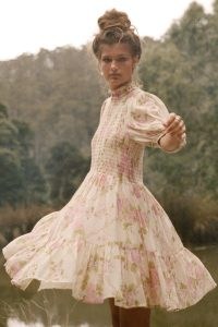 SPELL ROSE GARDEN MINI DRESS / romantic pink floral high neck dresses / feminine boho clothing / romance inspired bohemian fashion