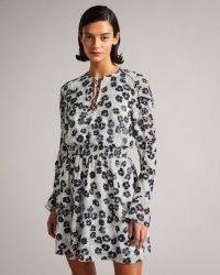 TED BAKER FELICI Ruched Detail Mini Dress in Mid Grey ~ feminine floral print bell sleeve dresses