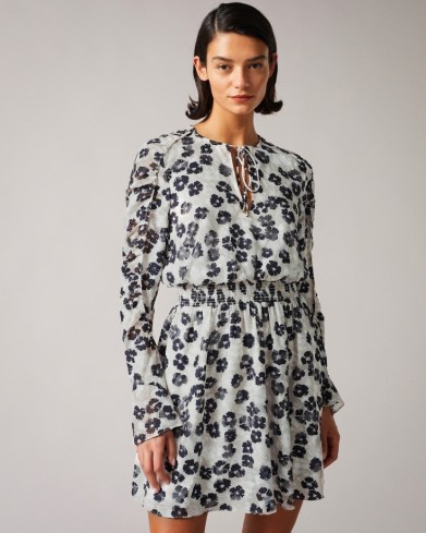 TED BAKER FELICI Ruched Detail Mini Dress in Mid Grey ~ feminine floral print bell sleeve dresses - flipped