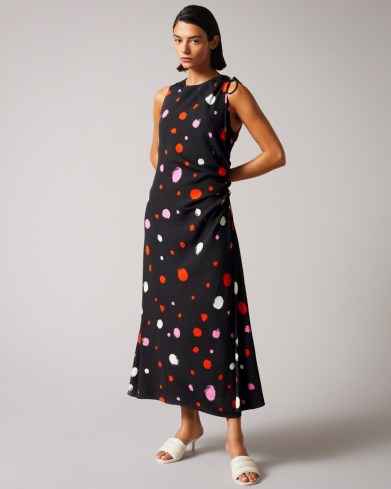 TED BAKER LIZZZEE Ruched Side Detail Midi Dress in Black / sleeveless spot print dresses / open cut out back detail - flipped