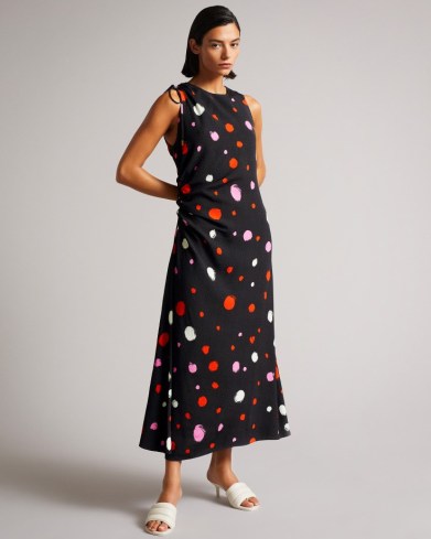 TED BAKER LIZZZEE Ruched Side Detail Midi Dress in Black / sleeveless spot print dresses / open cut out back detail
