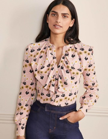 Boden Ruffle Front Jersey Shirt in Milkshake Delicate Daisy ~ floral ruffled shirts ~ feminine tops