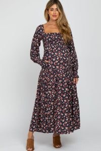 PINKBLUSH Navy Floral Long Sleeve Smocked Maternity Maxi Dress – feminine dark blue long length pregnancy dresses