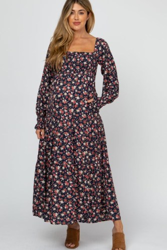 PINKBLUSH Navy Floral Long Sleeve Smocked Maternity Maxi Dress – feminine dark blue long length pregnancy dresses - flipped