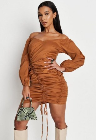 MISSGUIDED rust poplin ruched balloon sleeve mini dress – on-trend orange brown bardot dresses - flipped