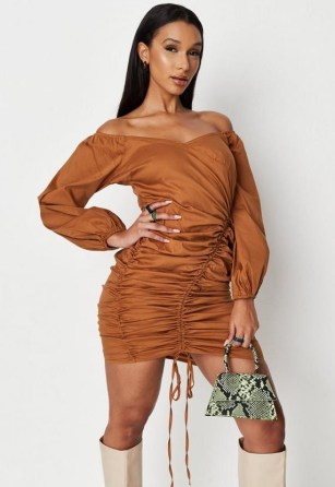 MISSGUIDED rust poplin ruched balloon sleeve mini dress – on-trend orange brown bardot dresses