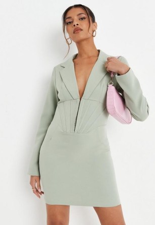 MISSGUIDED sage corset hook and eye tailored blazer dress – green long sleeve fitted waist dresses - flipped