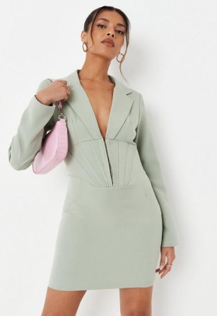 MISSGUIDED sage corset hook and eye tailored blazer dress – green long sleeve fitted waist dresses