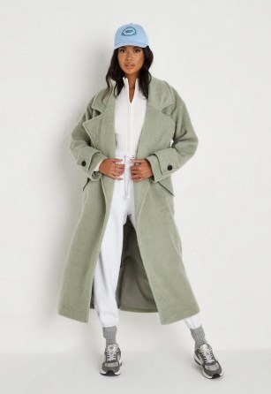 MISSGUIDED sage longhair formal coat – womens green textured longline winter coats - flipped