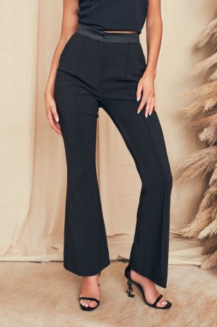 lavish alice satin waistband fit and flare trousers in black ~ womens tailored going out evening flares