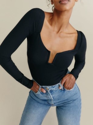 Reformation Silas Bodysuit in Black | plunge front long sleeve bodysuits - flipped