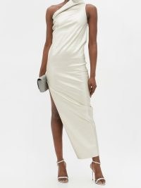 RICK OWENS Athena one-shoulder bonded silver stretch-leather dress ~ glamorous asymmetric evening dresses ~ occasion glamour