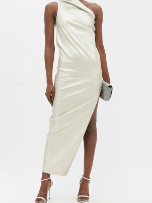 RICK OWENS Athena one-shoulder bonded silver stretch-leather dress ~ glamorous asymmetric evening dresses ~ occasion glamour - flipped