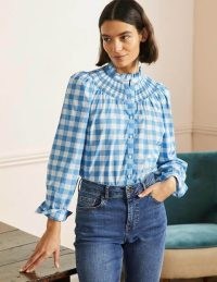 Boden Smocked High Neck Shirt Dusty Blue And Ivory Gingham / womens checked high neck shirts / frill detail fashion
