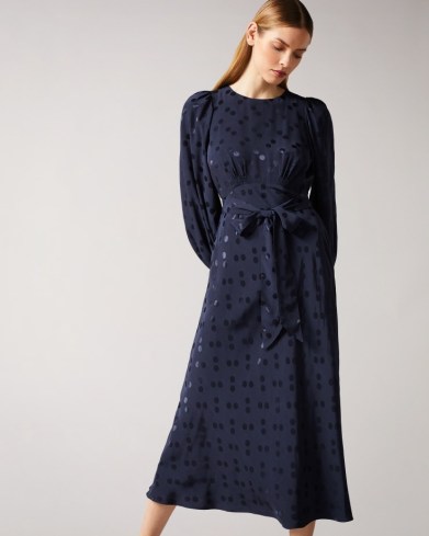 TED BAKER LIVELA Spot Jacquard Midaxi Dress Dark Blue / floaty tie waist occasion dresses - flipped