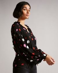 TED BAKER SUNRAI Spot Print frilled Blouse in Black / feminine ruffle trim blouses