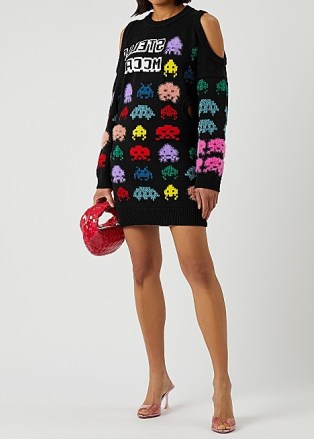 STELLA MCCARTNEY Game On black wool-blend jumper dress – retro video games on womens knitwear fashion – sweater dresses – cut out cold shoulder fashion - flipped