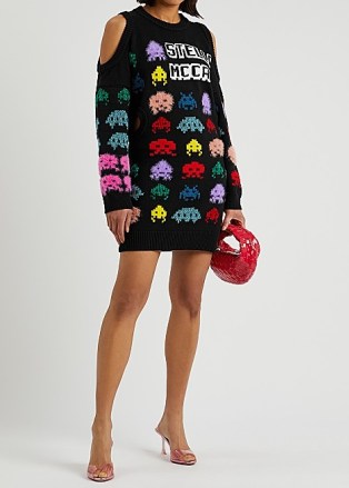 STELLA MCCARTNEY Game On black wool-blend jumper dress – retro video games on womens knitwear fashion – sweater dresses – cut out cold shoulder fashion