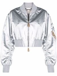 Stella McCartney metallic-finish bomber jacket in silver / womens luxe style cropped jackets