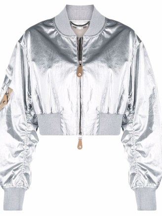 Stella McCartney metallic-finish bomber jacket in silver / womens luxe style cropped jackets - flipped