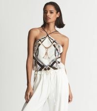 REISS STEVIE PRINTED TWILL CAMI PINK ~ printed halterneck camisole tops ~ luxe style halter neck camisoles