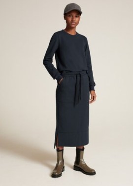 MEandEM Sweatshirting Column Skirt | casual navy blue sweat fabric midi skirts | drawcord waist | womens sportswear inspired fashion - flipped